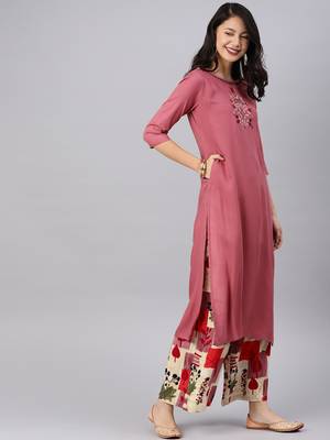Coral embroidered viscose rayon kurta with palazzo 4