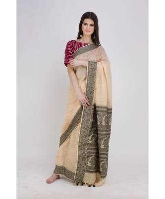 peach Soft linen saree with tassel in the pallu and running blouse 3