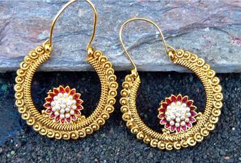 Antique Pearl Red Flower Chand Hoop Earrings 1