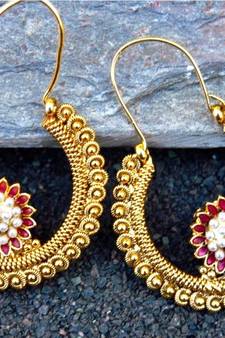 Antique Pearl Red Flower Chand Hoop Earrings