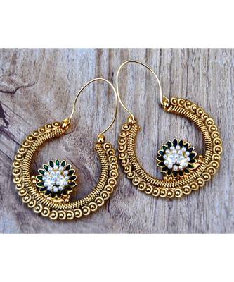 Antique Pearl Green Flower Chand Hoop Earrings 1