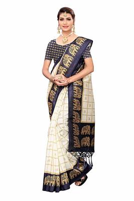 Navy Blue and White Printed Mysore Art Silk Saree With Blouse 1