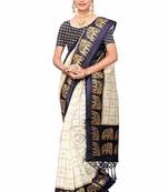 Navy Blue and White Printed Mysore Art Silk Saree With Blouse