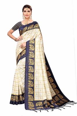 Navy Blue and White Printed Mysore Art Silk Saree With Blouse 2