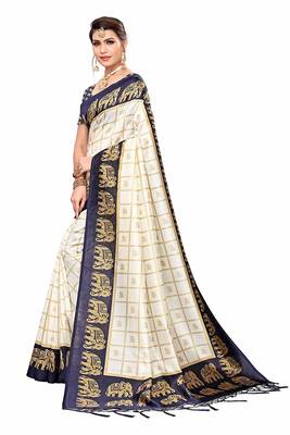 Navy Blue and White Printed Mysore Art Silk Saree With Blouse 3
