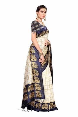 Navy Blue and White Printed Mysore Art Silk Saree With Blouse 4
