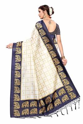 Navy Blue and White Printed Mysore Art Silk Saree With Blouse 5