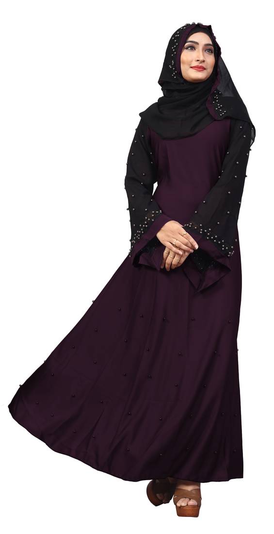 Justkartit Women'S Dark Purple Color Beads Work Abaya Burkha With Hijab Scarf