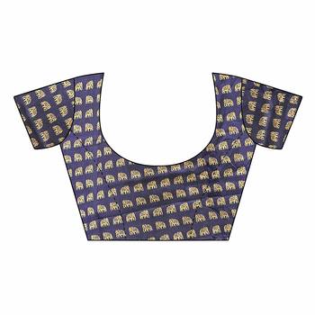 Navy Blue and White Printed Mysore Art Silk Saree With Blouse 6