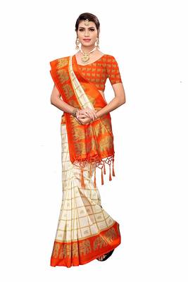 Orange and White Printed Mysore Art Silk Saree With Blouse 1