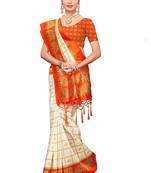 Orange and White Printed Mysore Art Silk Saree With Blouse