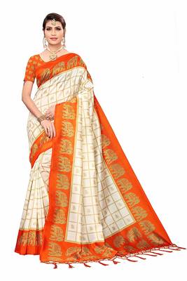 Orange and White Printed Mysore Art Silk Saree With Blouse 2