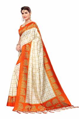Orange and White Printed Mysore Art Silk Saree With Blouse 3