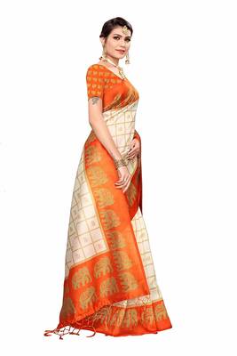 Orange and White Printed Mysore Art Silk Saree With Blouse 4