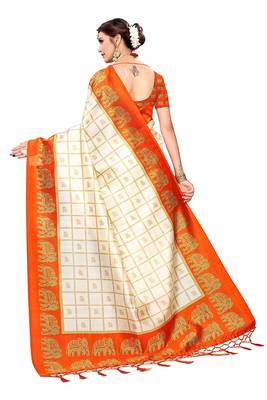 Orange and White Printed Mysore Art Silk Saree With Blouse 5