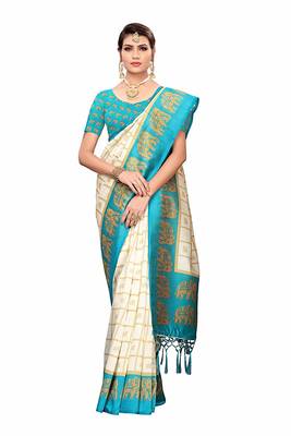 Turquoise and White Printed Mysore Art Silk Saree With Blouse 1