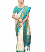 Turquoise and White Printed Mysore Art Silk Saree With Blouse