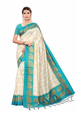 Turquoise and White Printed Mysore Art Silk Saree With Blouse 2
