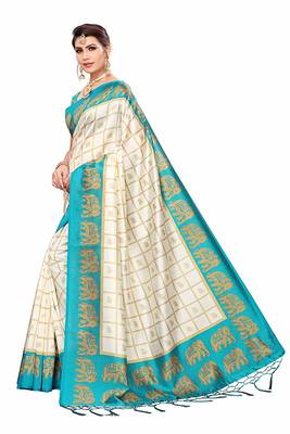Turquoise and White Printed Mysore Art Silk Saree With Blouse 3