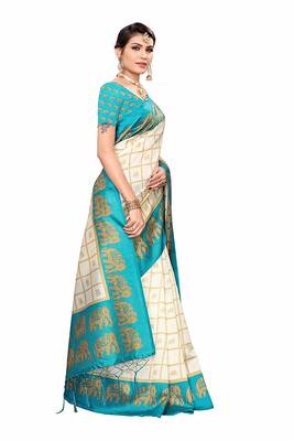 Turquoise and White Printed Mysore Art Silk Saree With Blouse 4