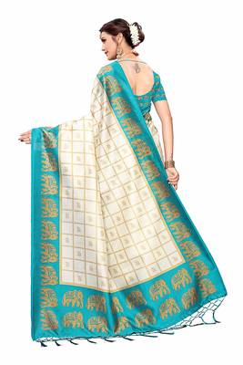 Turquoise and White Printed Mysore Art Silk Saree With Blouse 5