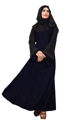 Justkartit Metallic Blue Color Beads Work Abaya Burkha With Dupatta  1