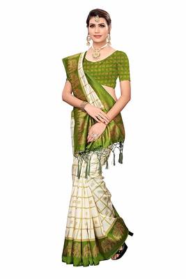 Mehandi Green and White Printed Mysore Art Silk Saree With Blouse 1
