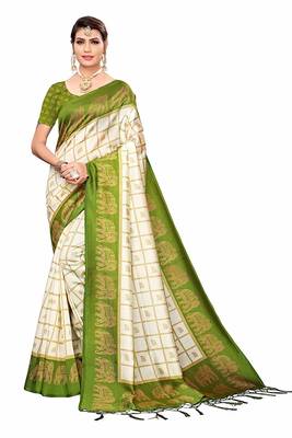 Mehandi Green and White Printed Mysore Art Silk Saree With Blouse 2