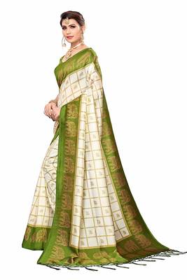 Mehandi Green and White Printed Mysore Art Silk Saree With Blouse 3