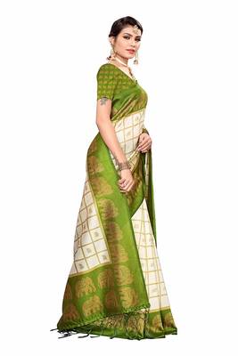 Mehandi Green and White Printed Mysore Art Silk Saree With Blouse 4