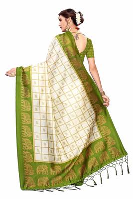 Mehandi Green and White Printed Mysore Art Silk Saree With Blouse 5