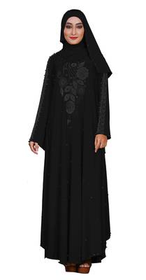 Justkartit Women'S Kaftan Style Black Beads Work Abaya Burkha With Dupatta 4