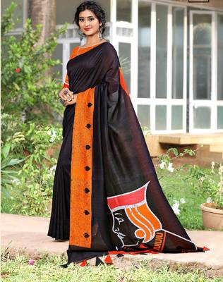 Black printed cotton silk saree with blouse 1