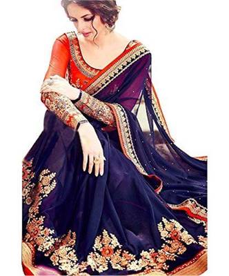 Navy Blue Self Design Embroidered Georgette Saree With Blouse 1
