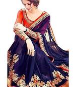 Navy Blue Self Design Embroidered Georgette Saree With Blouse