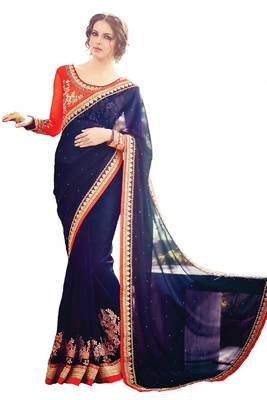 Navy Blue Self Design Embroidered Georgette Saree With Blouse 2