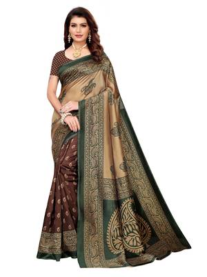 Brown Printed Poly Silk Saree With Blouse 1