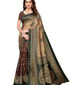 Brown Printed Poly Silk Saree With Blouse
