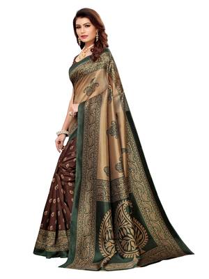 Brown Printed Poly Silk Saree With Blouse 2