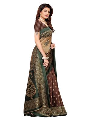 Brown Printed Poly Silk Saree With Blouse 3