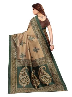 Brown Printed Poly Silk Saree With Blouse 4