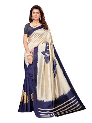 Beige Printed Poly Silk Saree With Blouse 1