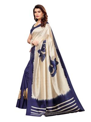 Beige Printed Poly Silk Saree With Blouse 2