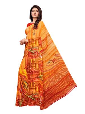 Yellow Printed Georgette Saree With Blouse 3