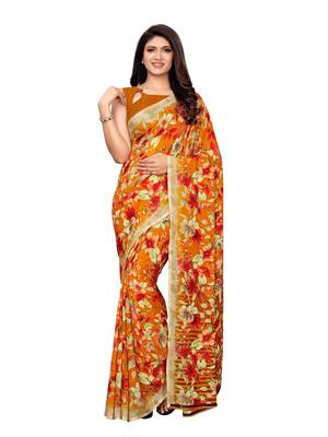 Yellow printed georgette saree with blouse 1