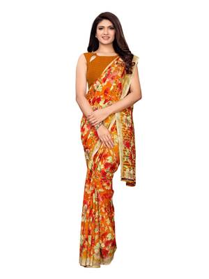 Yellow printed georgette saree with blouse 2