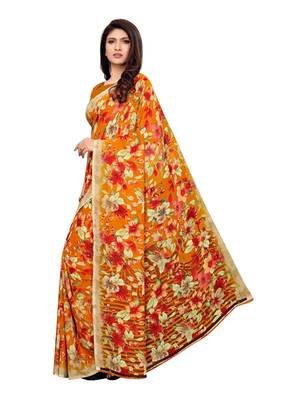 Yellow printed georgette saree with blouse 3