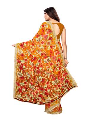 Yellow printed georgette saree with blouse 4