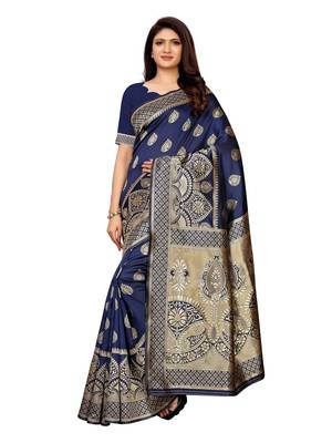 Navy blue woven poly silk saree with blouse 1