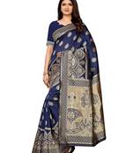 Navy blue woven poly silk saree with blouse